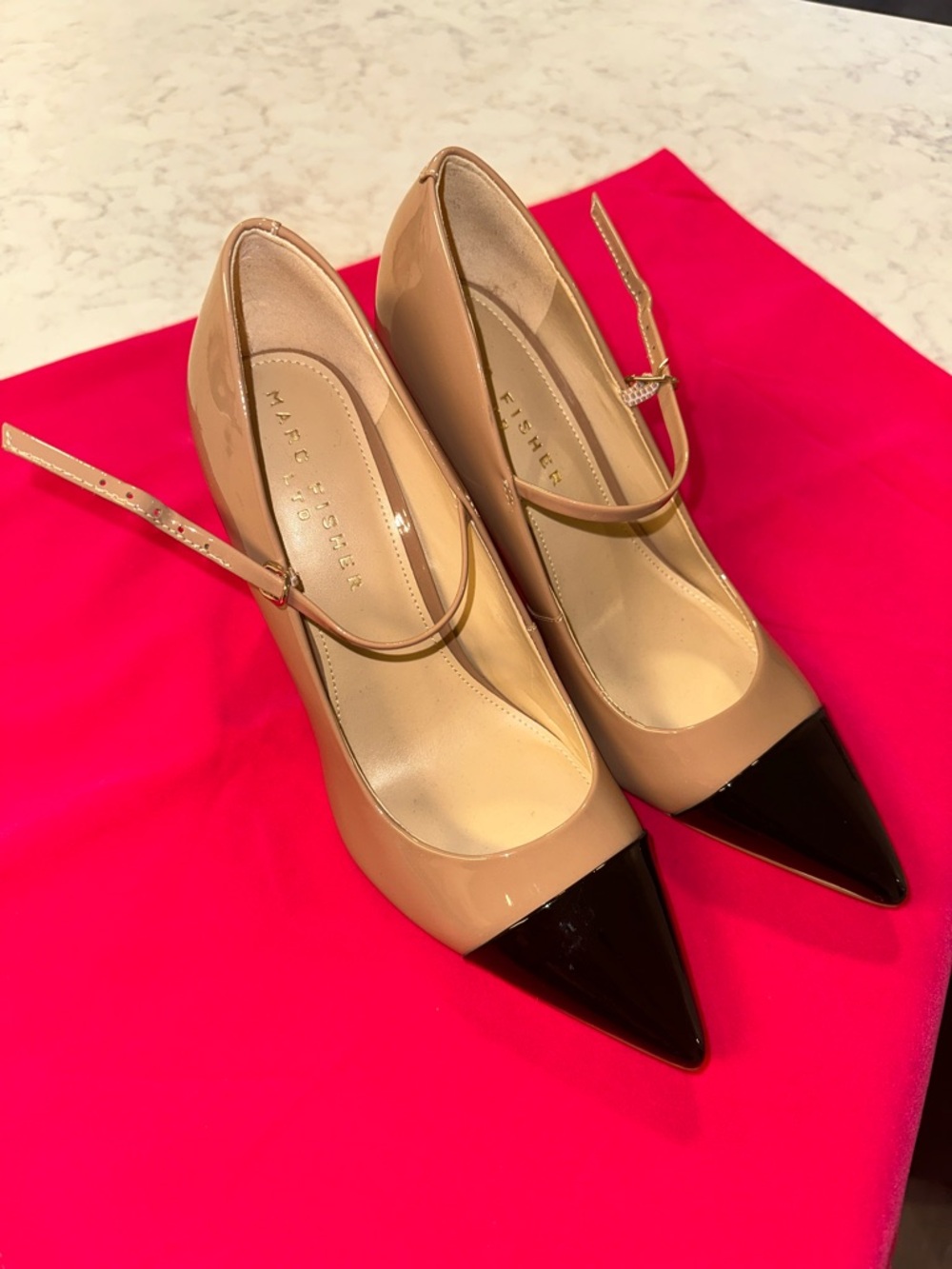 Marc Fisher Beige Patent Pointed-Toe Pumps with Black Cap Toe - Picture 2 of 5